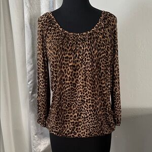 Michael Kors Leopard Print Scoop Neck Long-Sleeve Top - Brown/Black